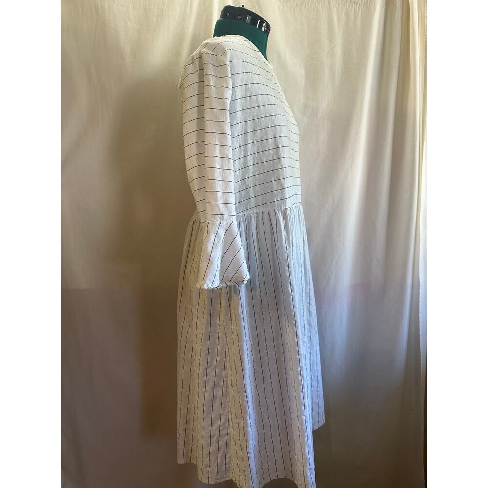 White Striped Cotton Midi Dress – Size Large | Bell Sleeve Cottagecore Dress - Picture 7 of 9